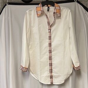 STYLEWE White Shirt with Brown Plaid Trim